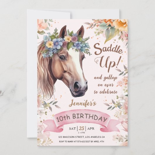 ホース10th誕生日女性のカーボーイフローラサドルアップ! 招待状 (正面)