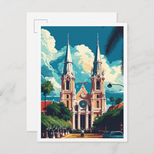 ホーチミンベトナムヴィンテージトラベルイラストレーション ポストカード (正面/裏面)