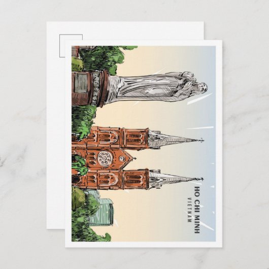 ホーチミンVietnamスケッチアートヴィンテージトラベル ポストカード (正面/裏面)