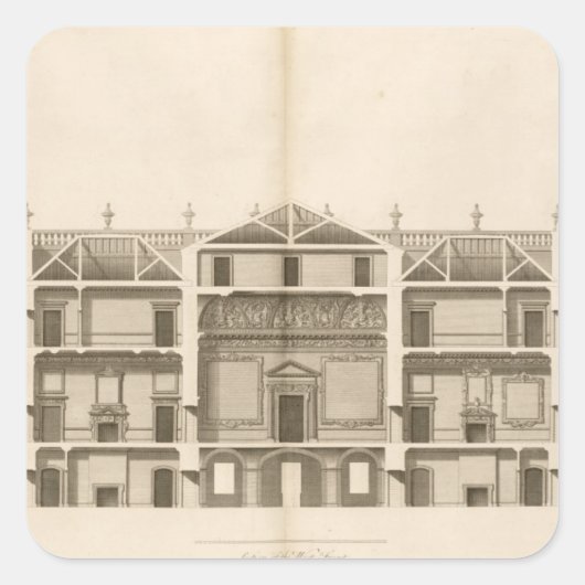 ホートン館：西側正面の断面、彫刻 スクエアシール (正面)