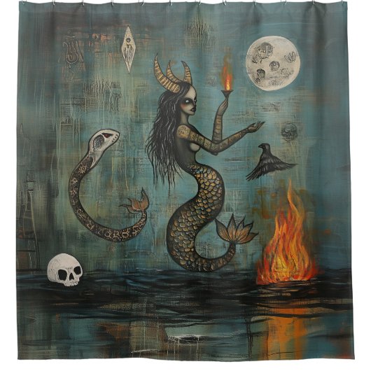 ホーニングマーメイドムーンオカルトダークウィッチーAIアート シャワーカーテン (正面)