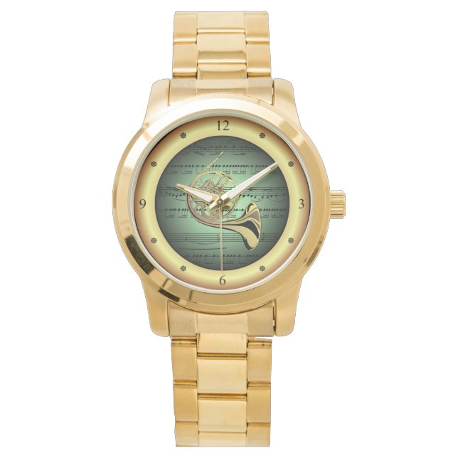 ホーフランスのン～楽譜～グリーン/金ゴールド背景 腕時計 (正面)