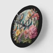ホープフローラタイポグラフィと鳥植物学 ラウンド壁時計 (傾斜)
