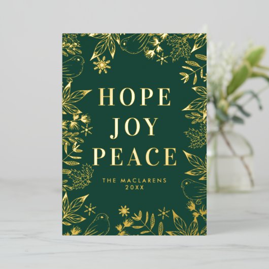 ホープ図解入りの、写真付きのス・ジョイ・ピースグリーンと金ゴールド写真なし 箔シーズンカード (立ち正面)