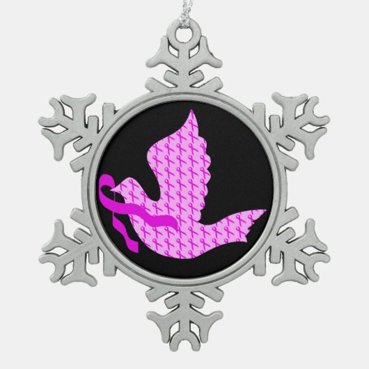 ホープ・ピンク・リボンの鳩 – 乳がん スノーフレークピューターオーナメント (正面)