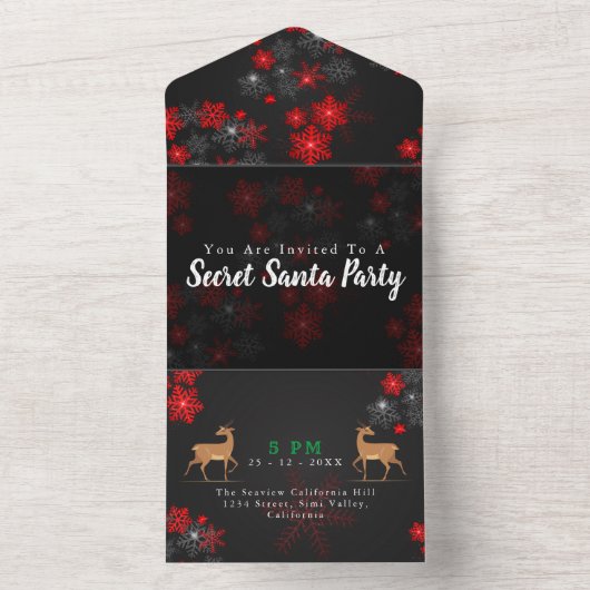 ホーホレッドブラックスノーフレークスクリスマスシークレットサンタ オールインワン招待状 (内側)