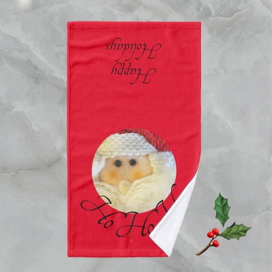 ホーホーホーホーホーサンタクロース顔かわいい赤いクリスマス ハンドタオル