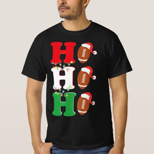 ホーホーホーホーホーサンタハットアメリカンフットボールおもしろいクリスマス Tシャツ (正面)