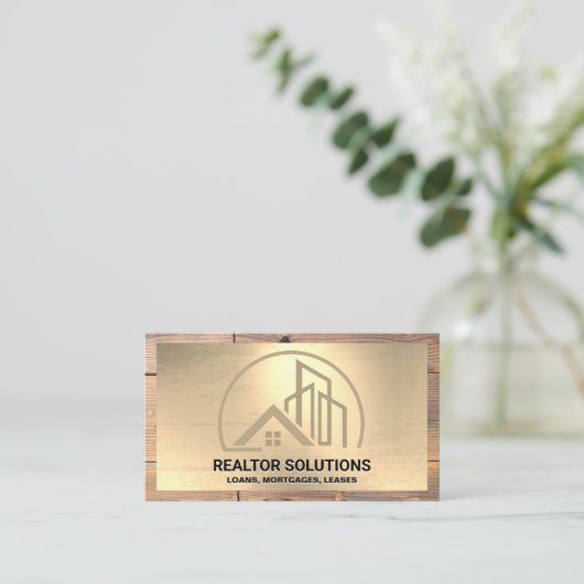 ホームおよび商用建物ロゴ | 金ゴールド木材 名刺 (スタンド正面)