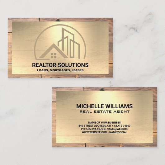 ホームおよび商用建物ロゴ | 金ゴールド木材 名刺 (正面/裏面)