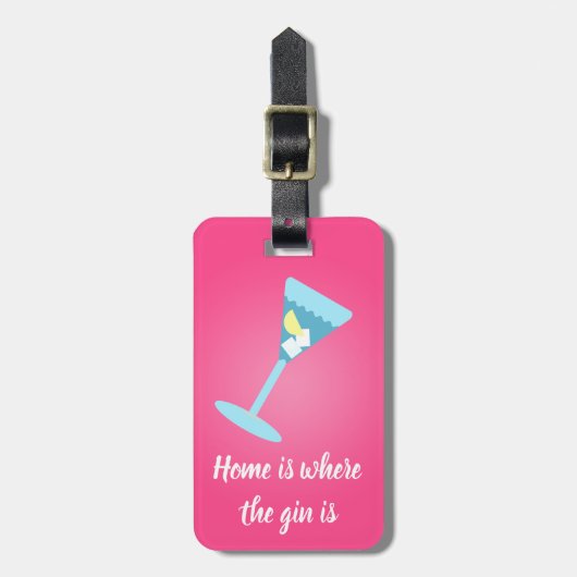 ホームはジンの場所である。ピンクで、あなたの名前で ラゲッジタグ (正面縦)
