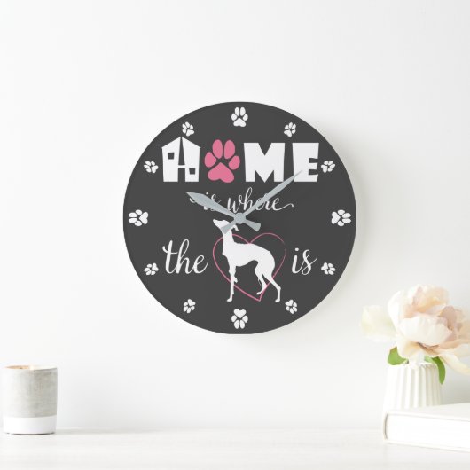 ホームは、ここでイギー犬はおもしろい引用文ホワイト文字 ラージ壁時計 (ホーム)