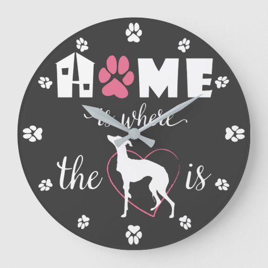 ホームは、ここでイギー犬はおもしろい引用文ホワイト文字 ラージ壁時計 (正面)