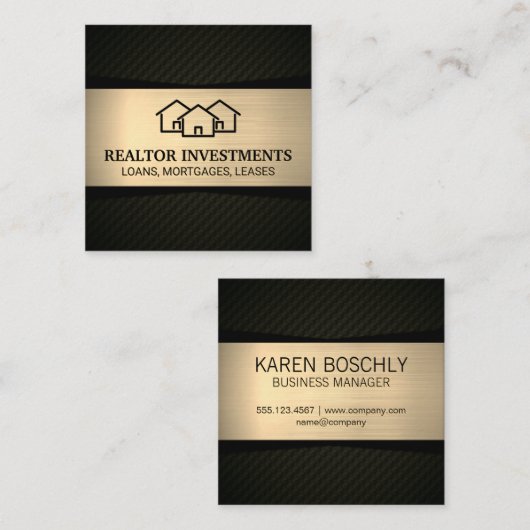 ホームアイコン |メタリック金ゴールド |黒パターン（の模様が）ある色 スクエア名刺 (正面/裏面)