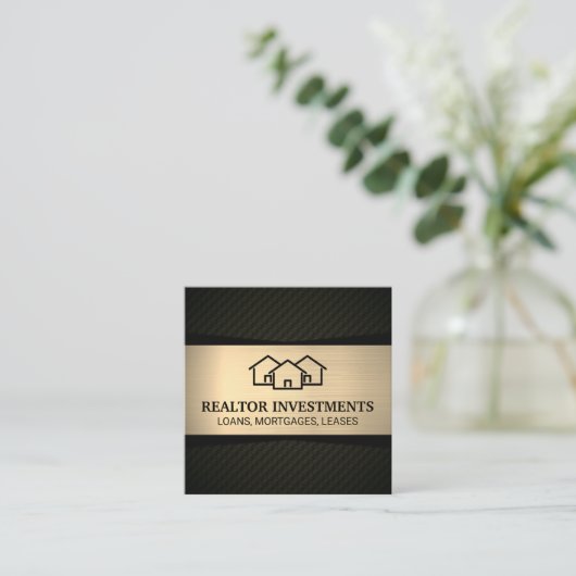 ホームアイコン |メタリック金ゴールド |黒パターン(の模様が)ある色 スクエア名刺 (スタンド正面)