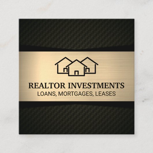 ホームアイコン |メタリック金ゴールド |黒パターン(の模様が)ある色 スクエア名刺 (正面)