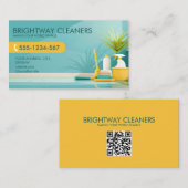 ホームクリーニングサービスティール(緑がかった色)イエローQRコード 名刺 (正面/裏面)