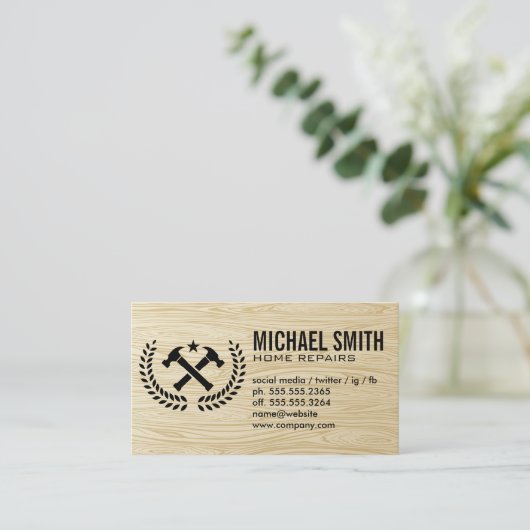 ホームサービスの修復 |木目バックグラウンド 名刺 (スタンド正面)