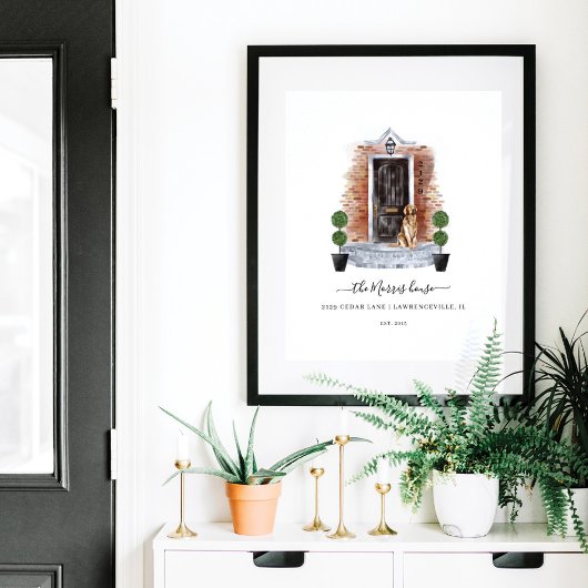 ホームスイートホームウォーターカラーレッドブリック&ブラックドア ポスター