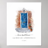 ホームスイートホームウォーターカラーレッドブリック&ブルードア ポスター (正面)