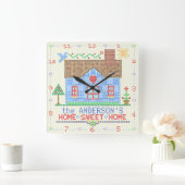ホームスイートホームクロスステッチハウス |ファミリ名 スクエア壁時計 (ホーム)