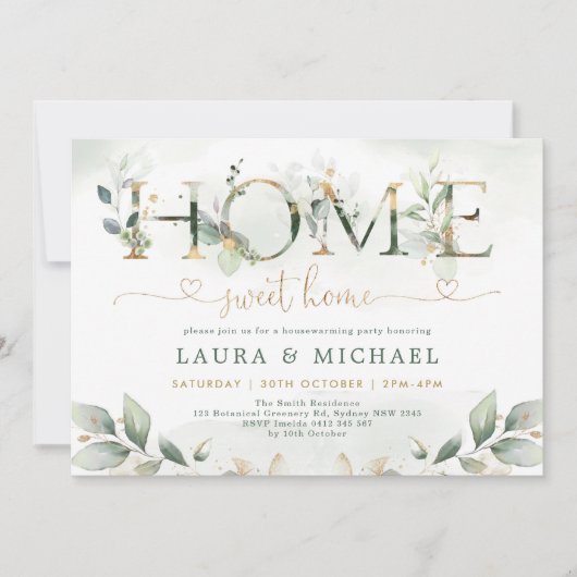 ホームスイートホームグリーンリー金ゴールド引っ越し祝いパーティーパーティー 招待状 (正面)