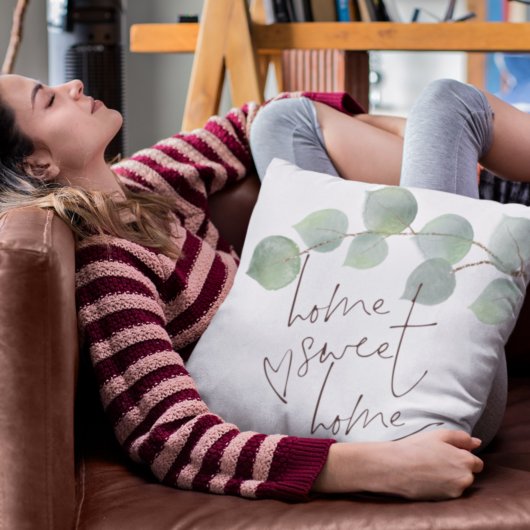 ホームスイートホームスクリプトグリーンユーカリ クッション