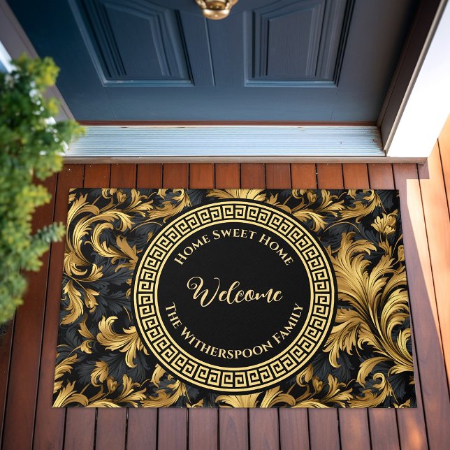 ホームスイートホームファミリーネームブラック金ゴールドクラッシー ドアマット (Home Sweet Home Family Name Black Gold Classy Doormat)