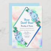 ホームスイートホームブルーフローラ引っ越し祝いパーティーパーティー 招待状 (正面/裏面)