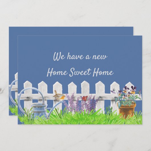 ホームスイートホームホワイトピケットフェンス新しいアドレス 案内状 (正面/裏面)