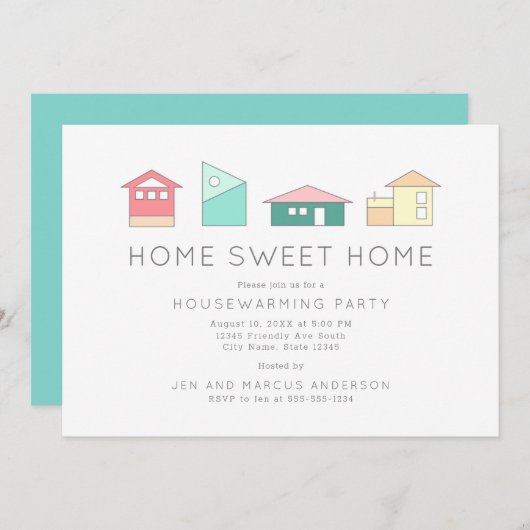 ホームスイートホームミニマリスト引っ越し祝いパーティーパーティー 招待状 (正面/裏面)
