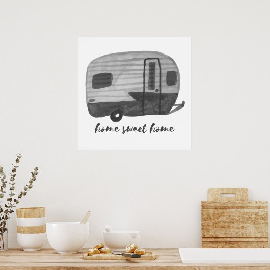 ホームスイートホームヴィンテージトレーラーブラックアンドホワイト ポスター (キッチン)