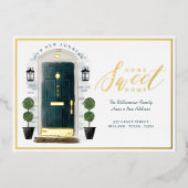 ホームスイートホーム引っ越しましたグリーンウォーターカラードア 箔招待状 (正面)