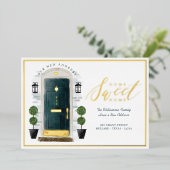 ホームスイートホーム引っ越しましたグリーンウォーターカラードア 箔招待状 (立ち正面)