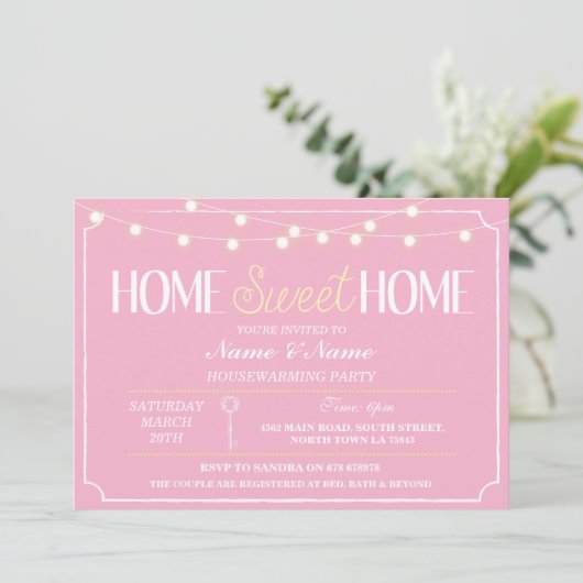 ホームスイートホーム引っ越し祝いパーティーピンクホワイト鍵招待状 招待状 (スタンド正面)