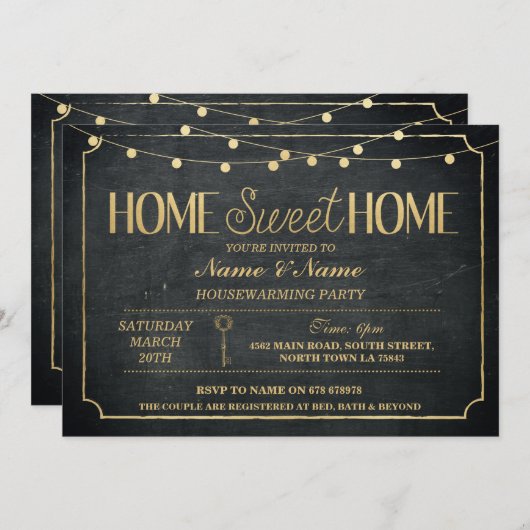 ホームスイートホーム引っ越し祝いパーティーブラック金ゴールド鍵招待状 招待状 (正面/裏面)