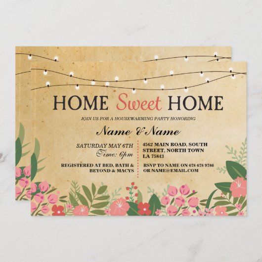 ホームスイートホーム引っ越し祝いパーティーヴィンテージフローラ招待状 招待状 (正面/裏面)