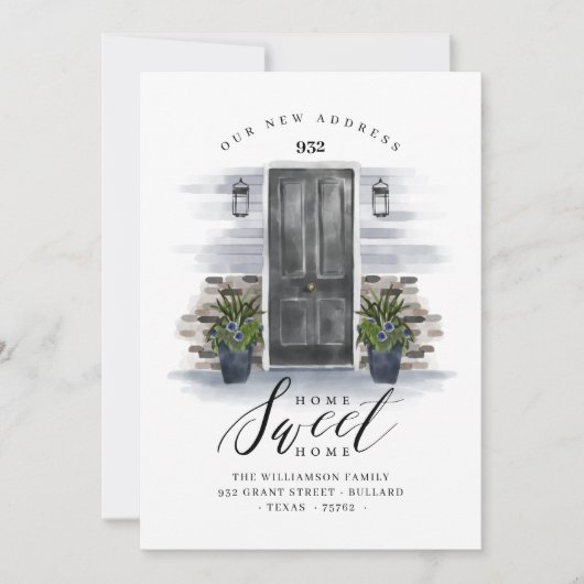 ホームスイートホーム |引っ越しましたグレーの水彩ドア 案内状 (正面)