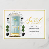 ホームスイートホーム – 引っ越しましたティール（緑がかった色）ウォーターカラードア 箔招待状 (正面)