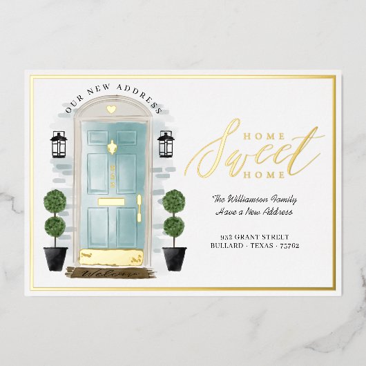 ホームスイートホーム – 引っ越しましたティール（緑がかった色）ウォーターカラードア 箔招待状 (正面)