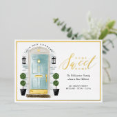 ホームスイートホーム – 引っ越しましたティール（緑がかった色）ウォーターカラードア 箔招待状 (立ち正面)