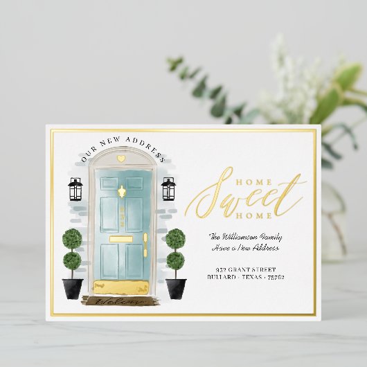 ホームスイートホーム – 引っ越しましたティール（緑がかった色）ウォーターカラードア 箔招待状 (立ち正面)