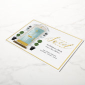 ホームスイートホーム – 引っ越しましたティール（緑がかった色）ウォーターカラードア 箔招待状 (回転した状態)