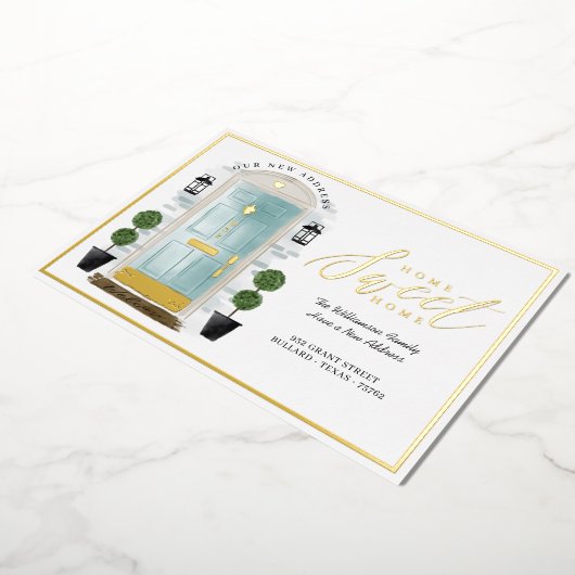 ホームスイートホーム – 引っ越しましたティール(緑がかった色)ウォーターカラードア 箔招待状 (回転した状態)