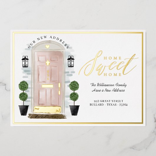 ホームスイートホーム – 引っ越しましたピンクウォーターカラードア 箔招待状 (正面)