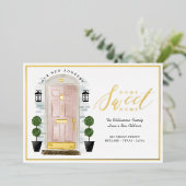 ホームスイートホーム – 引っ越しましたピンクウォーターカラードア 箔招待状 (立ち正面)