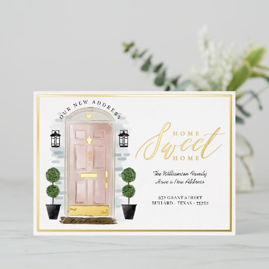 ホームスイートホーム – 引っ越しましたピンクウォーターカラードア 箔招待状 (立ち正面)