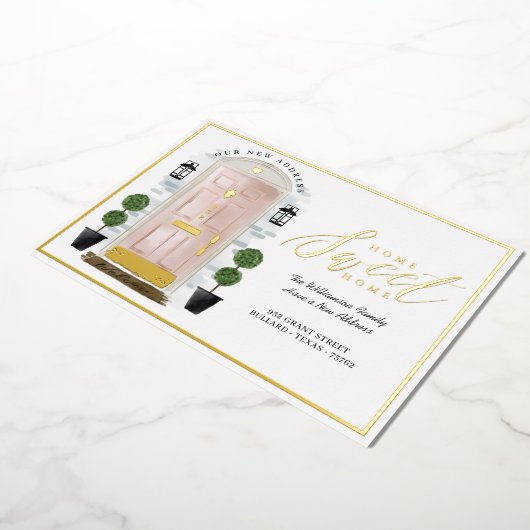 ホームスイートホーム – 引っ越しましたピンクウォーターカラードア 箔招待状 (回転した状態)