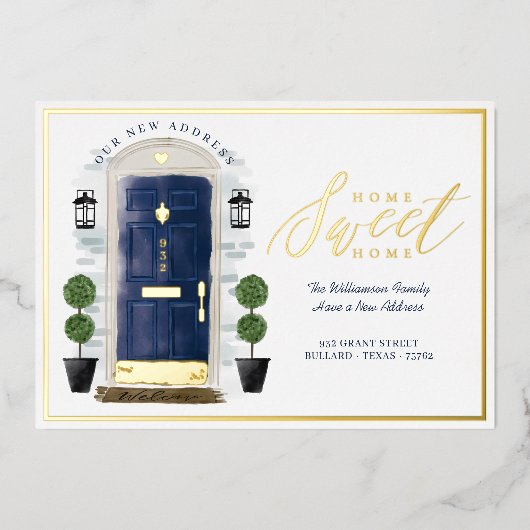 ホームスイートホーム – 引っ越しましたブルーウォーターカラードア 箔招待状 (正面)