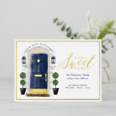 ホームスイートホーム – 引っ越しましたブルーウォーターカラードア 箔招待状 (立ち正面)